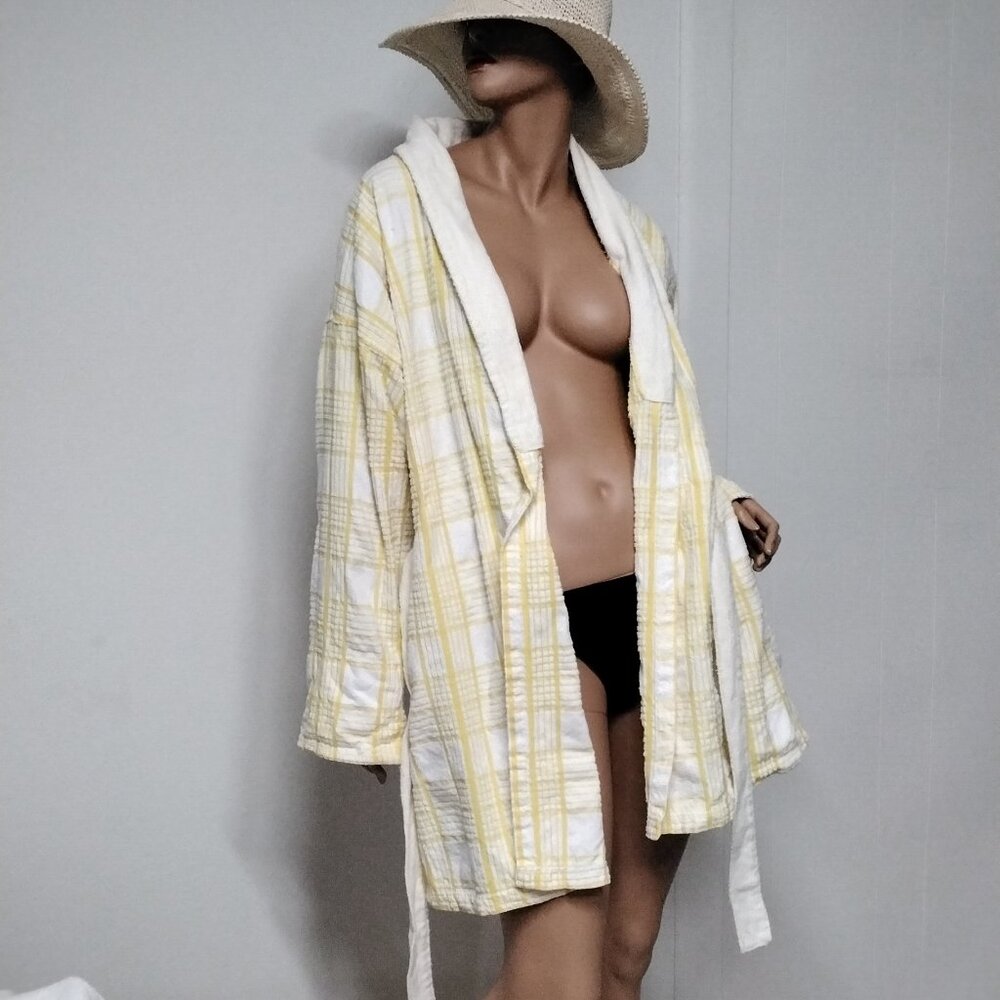 Vintage Tolga Designs Beach house Bath Rob Size L Yellow White Plaid Pockets